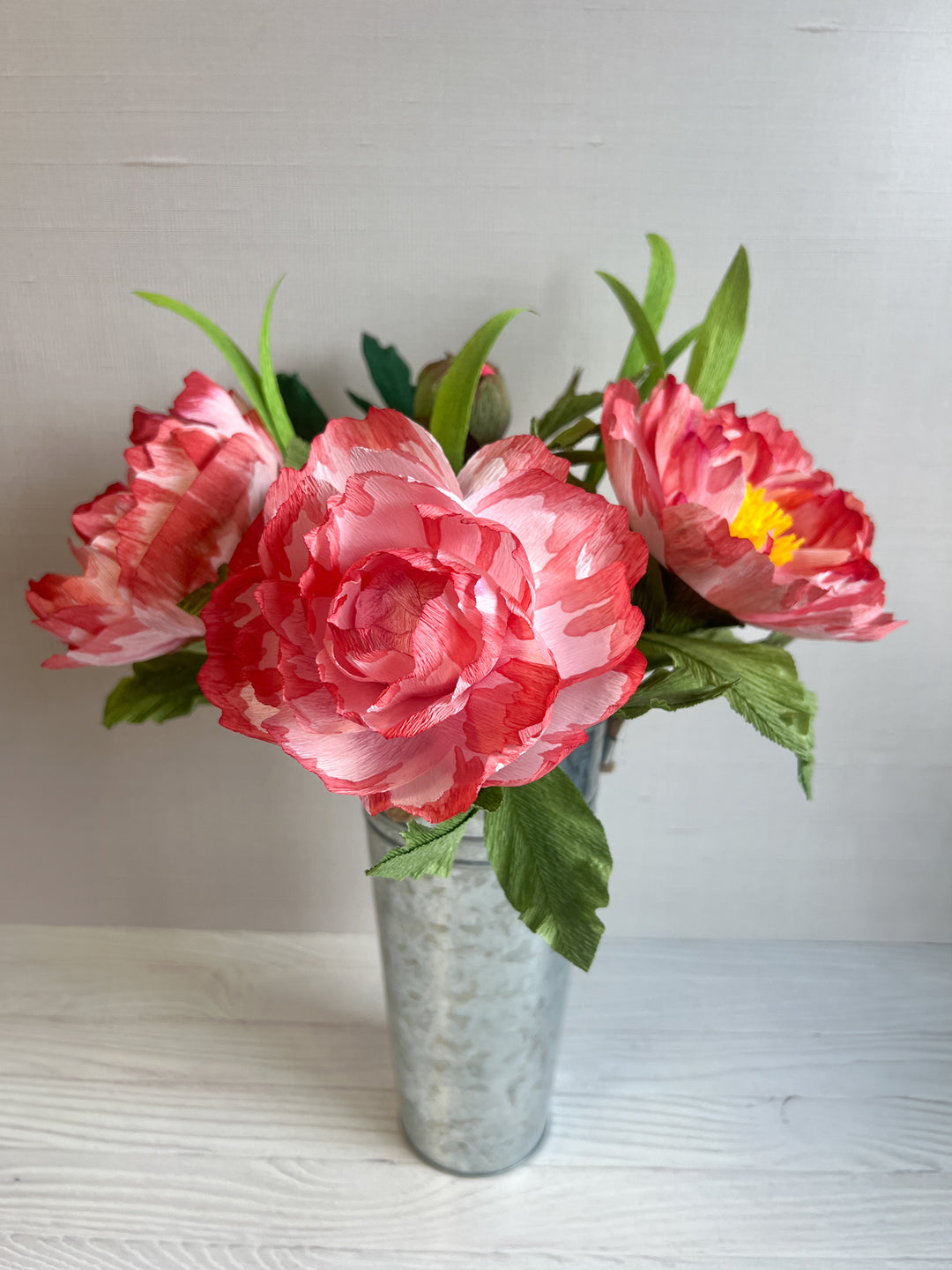 Coral Peony Bouquet – Set of 3 Paper Flowers in Galvanized Vase