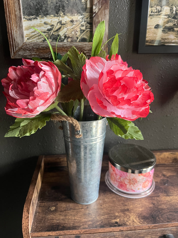 Coral Peony Bouquet – Set of 3 Paper Flowers in Galvanized Vase