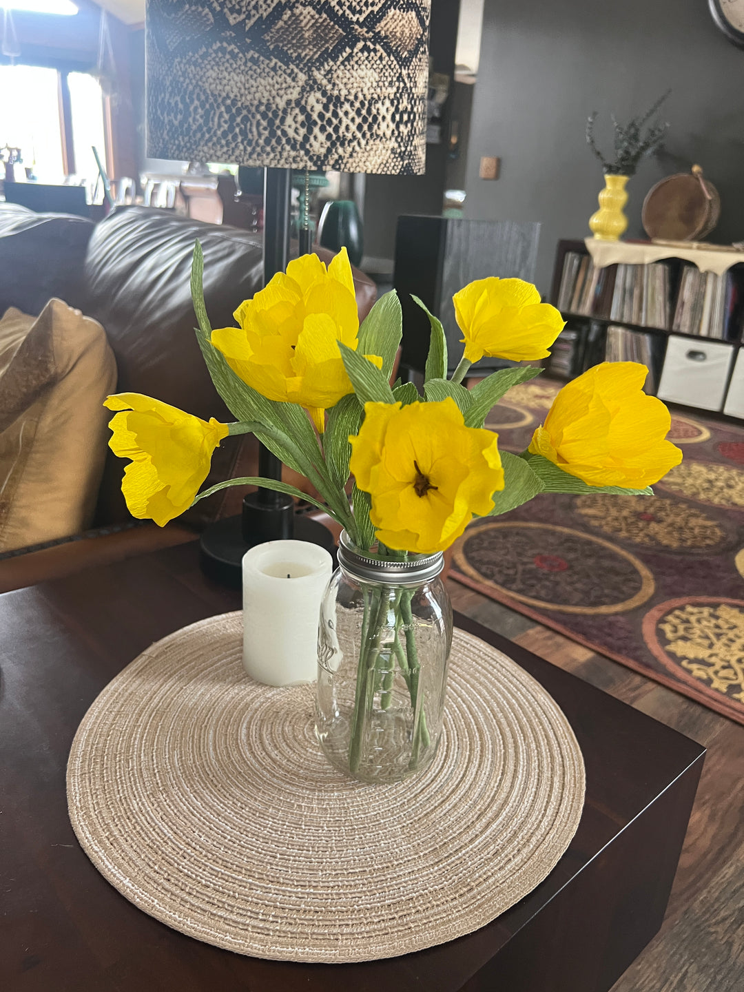 Abundance of Tulips - Handcrafted Yellow Tulip Bouquet in Mason Jar Vase – Set of 7 Crepe Paper Flowers