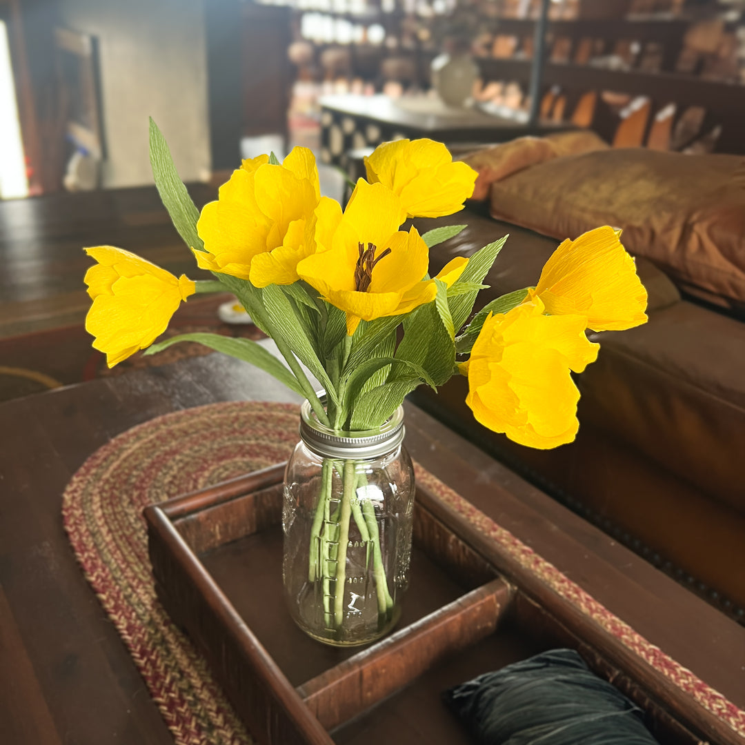 Abundance of Tulips - Handcrafted Yellow Tulip Bouquet in Mason Jar Vase – Set of 7 Crepe Paper Flowers