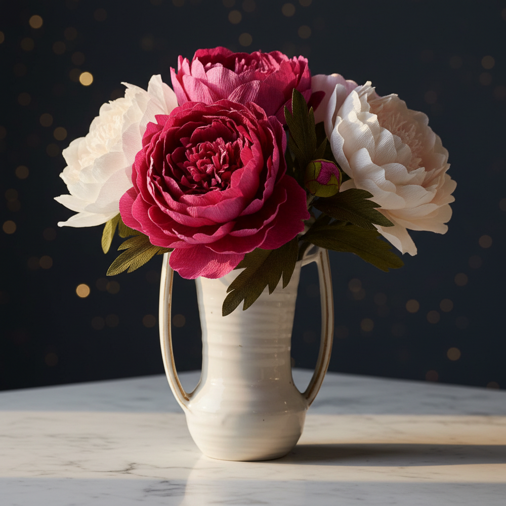 a white vase filled with pink and white flowers