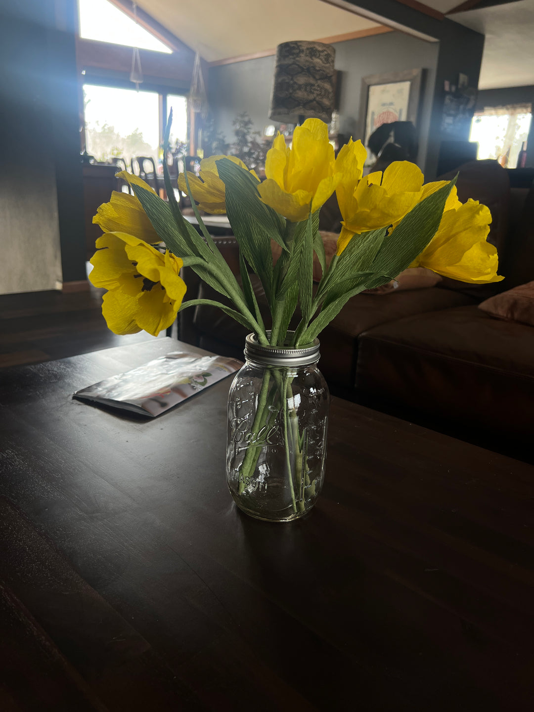 Abundance of Tulips - Handcrafted Yellow Tulip Bouquet in Mason Jar Vase – Set of 7 Crepe Paper Flowers