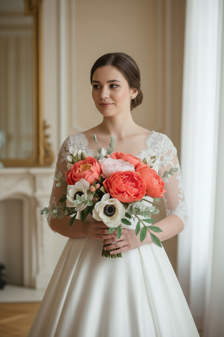 Bride holding a bouquet of paper flowers from Melly Meier in an elegant indoor setting