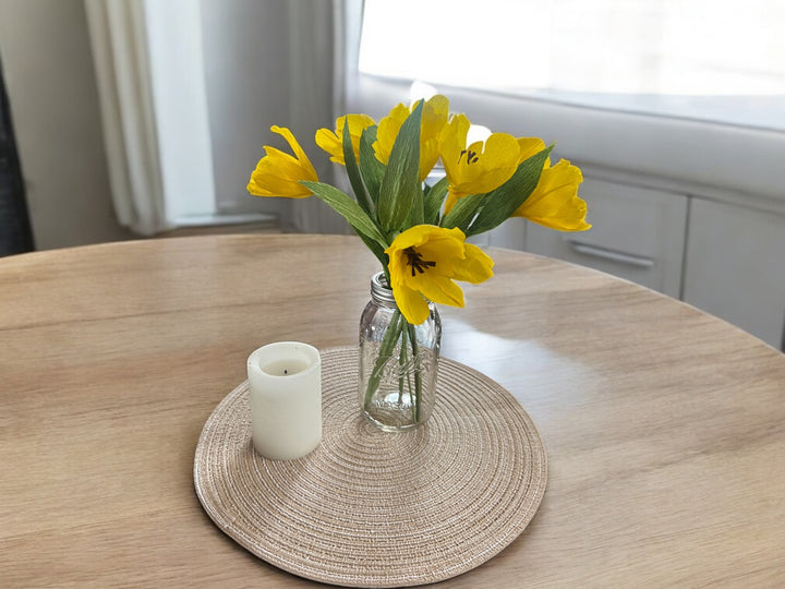 Abundance of Tulips - Handcrafted Yellow Tulip Bouquet in Mason Jar Vase – Set of 7 Crepe Paper Flowers