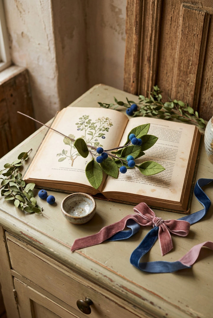 A decorative felt blueberry stem featuring green leaves and small blue berries, styled with one stem in a clear glass bottle tied with a cream ribbon, on a white surface.