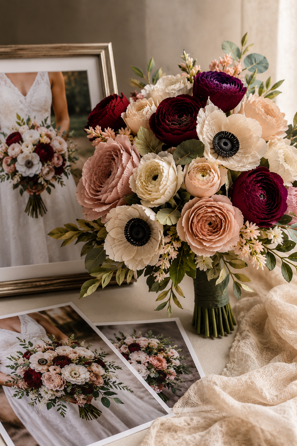 Bouquet of paper flowers with a framed photo of the real flowers in the background.
