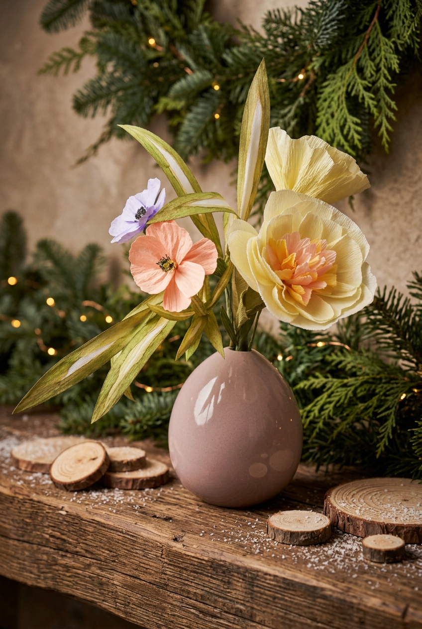 A ceramic egg-shaped vase in a dusty mauve-pink color, filled with artificial flowers including pale yellow peonies, peach pansies, and a lavender bloom, styled on a rustic wooden surface with wood slices and evergreen branches in the background.