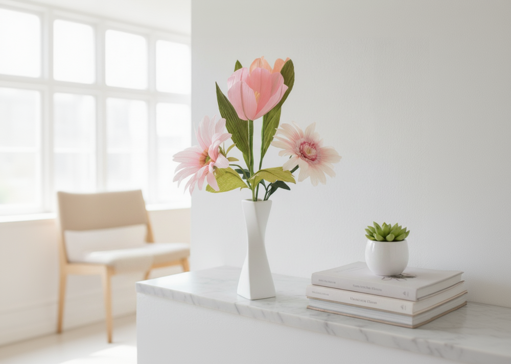 A white ceramic vase holding pink tulip and daisy flowers with green leaves, styled on a white marble console table next to a stack of books and a small potted succulent in a bright, modern room.
