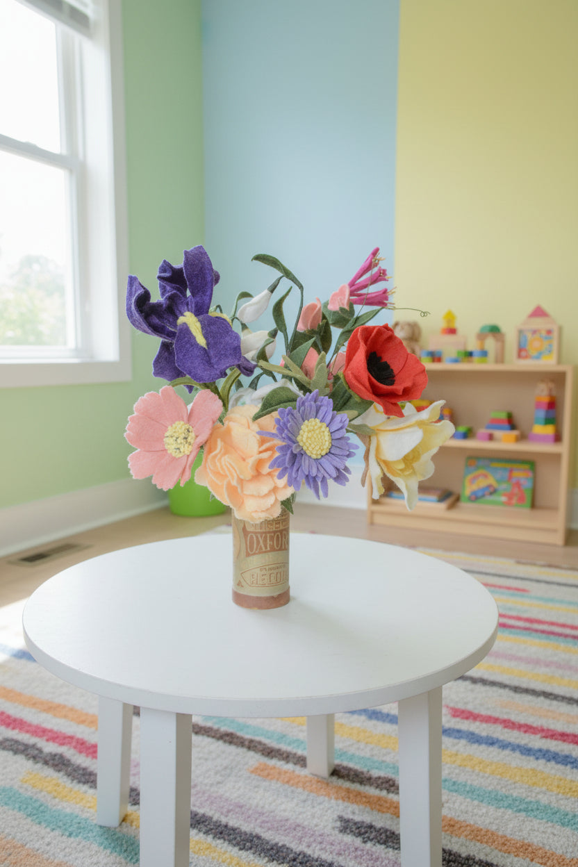 Colorful bouquet of flowers in a decorative vase on a light background in a child's playroon