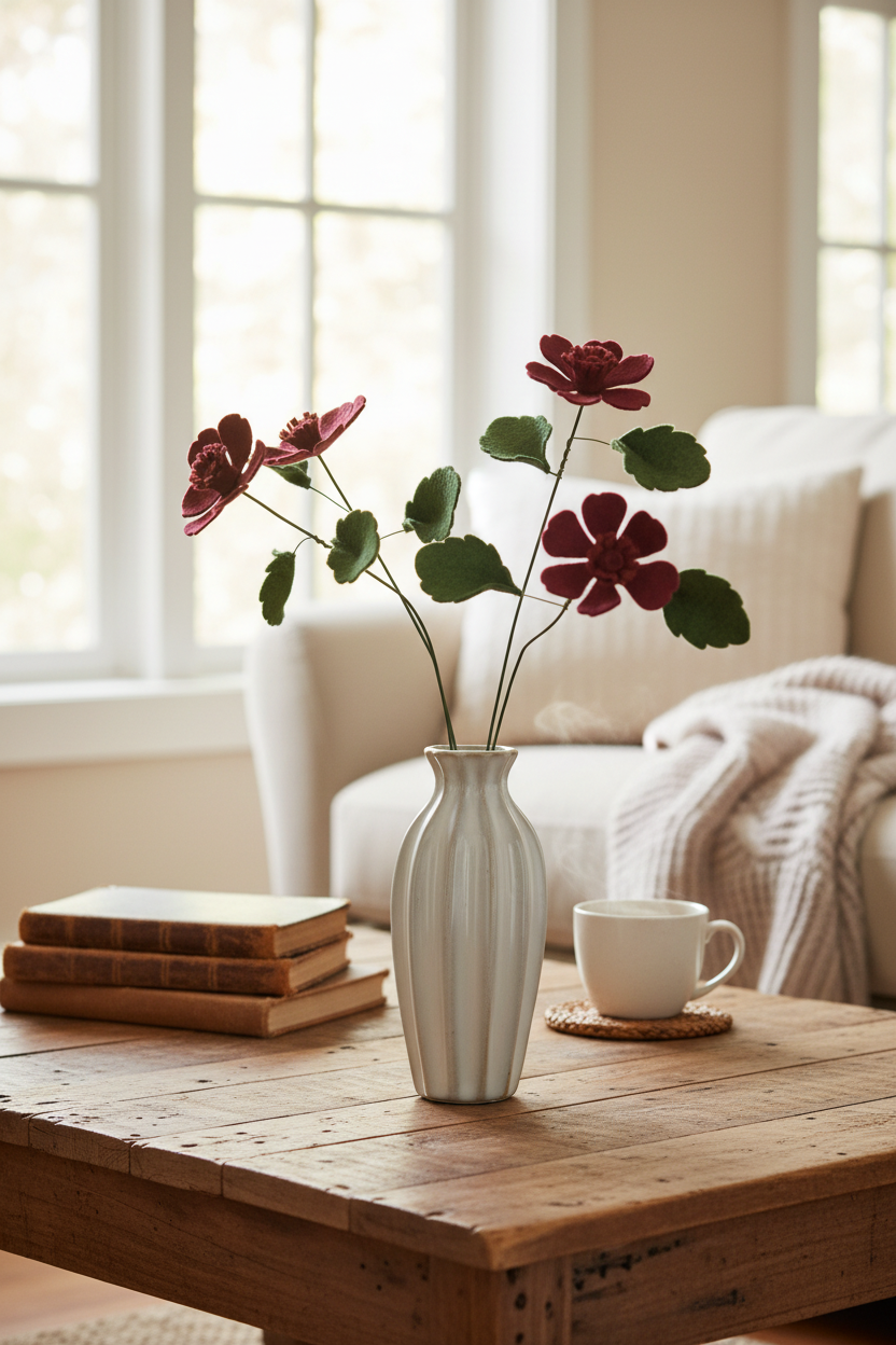 A ribbed white ceramic vase holding burgundy paper flowers with green leaves, styled on a rustic wooden coffee table next to a white mug in a bright, modern living room.