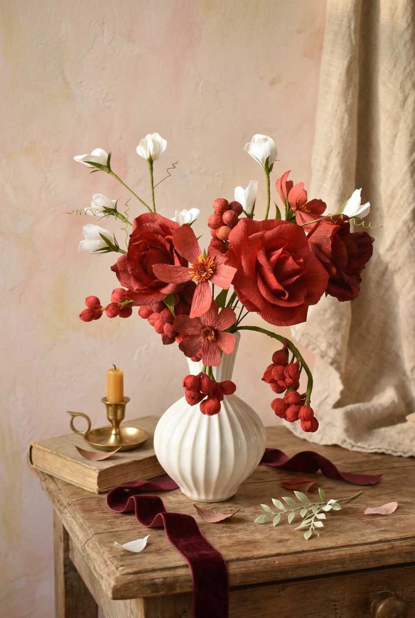 A floral arrangement featuring red and pink flowers with small white blossoms, displayed in a ribbed white ceramic vase against a soft pastel background.