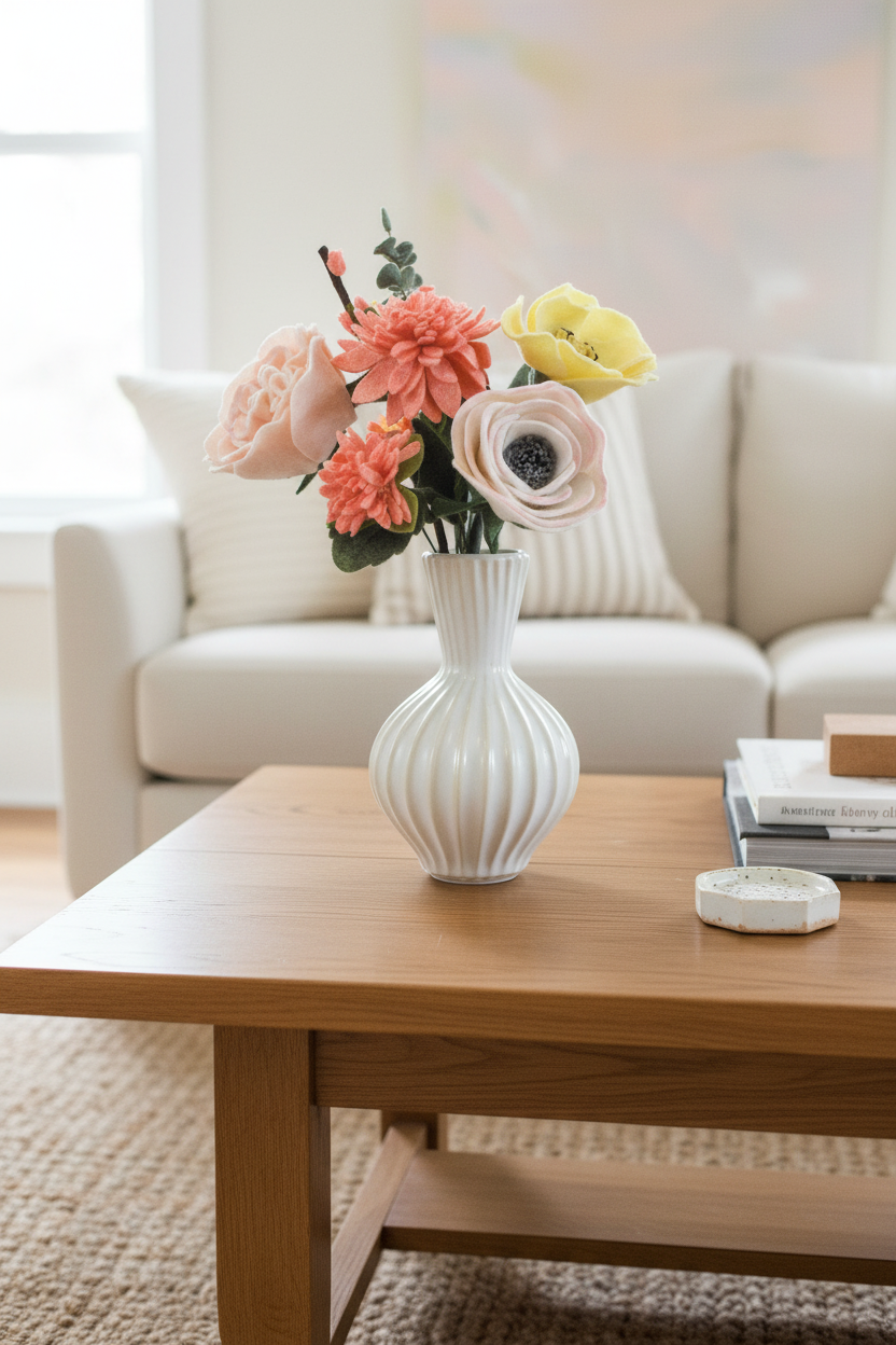 A white ribbed ceramic vase holding a bouquet of pink, peach, and yellow artificial flowers, placed on a light wood coffee table in a bright, modern living room with a cream sofa in the background.