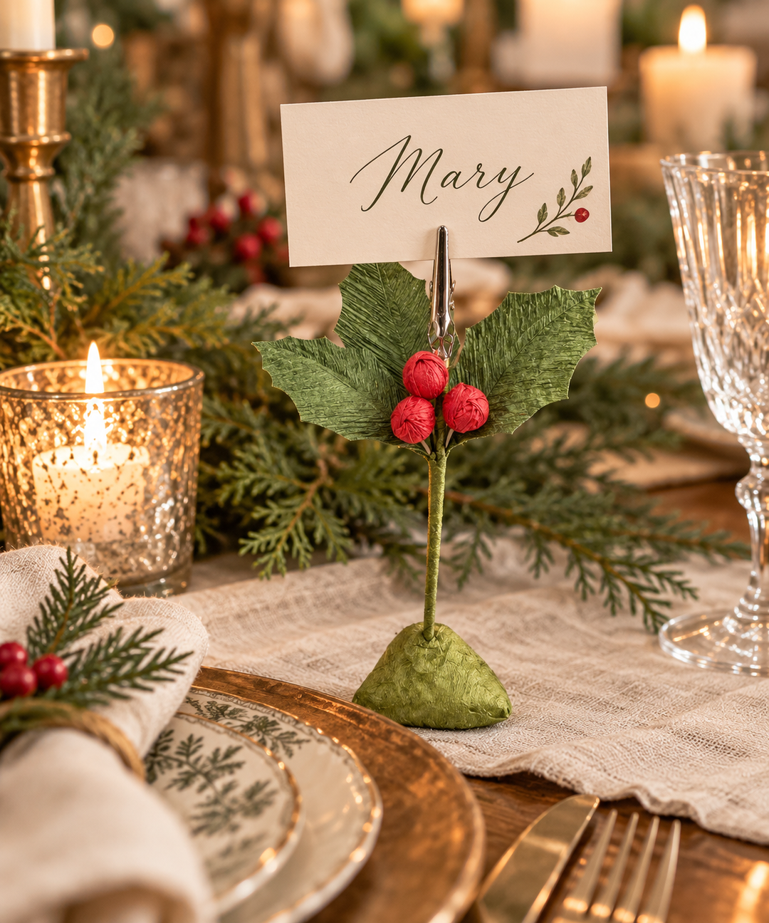 Handmade Holly Berry Photo &amp; Place Card Holder