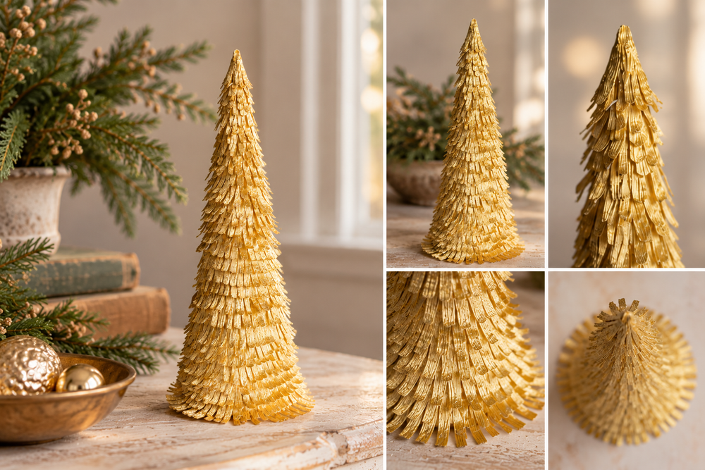 A decorative gold tree ornament made of layered fringe or metallic paper, shown in a styled interior scene with holiday greenery and ornaments, plus four close-up inset views highlighting its shape and texture.
