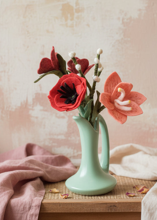 Decorative flowers in a mint green vase on a wooden surface with a pink cloth and textured wall background.
