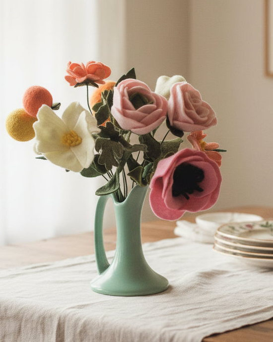 Felt flower arrangement in a green vase on a table with a neutral background