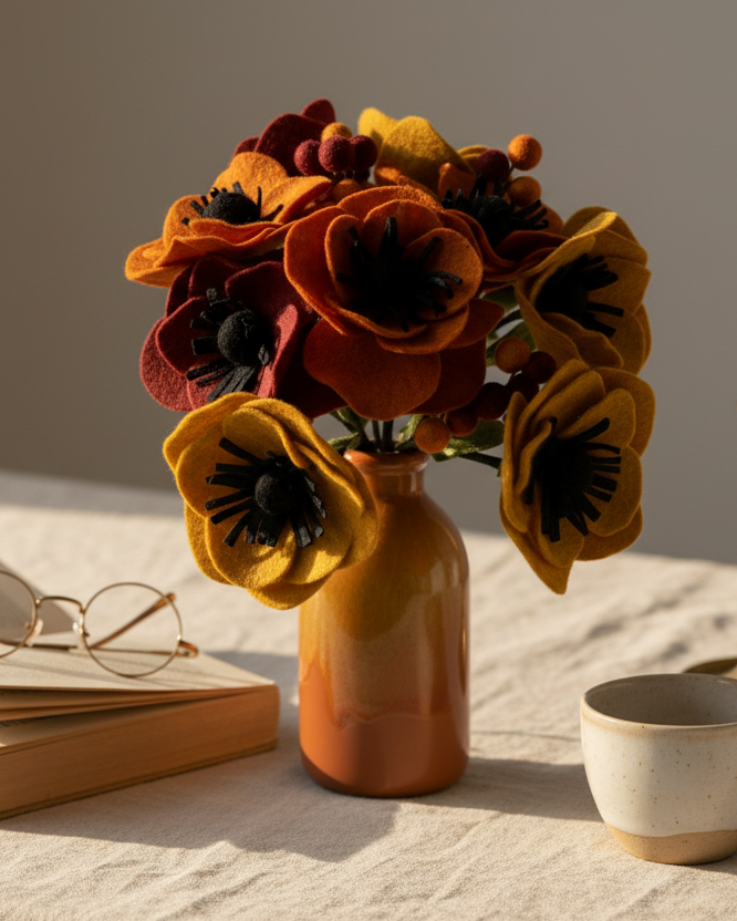 Vase with flowers, open book, glasses, and cup on a table with a candle in the background.