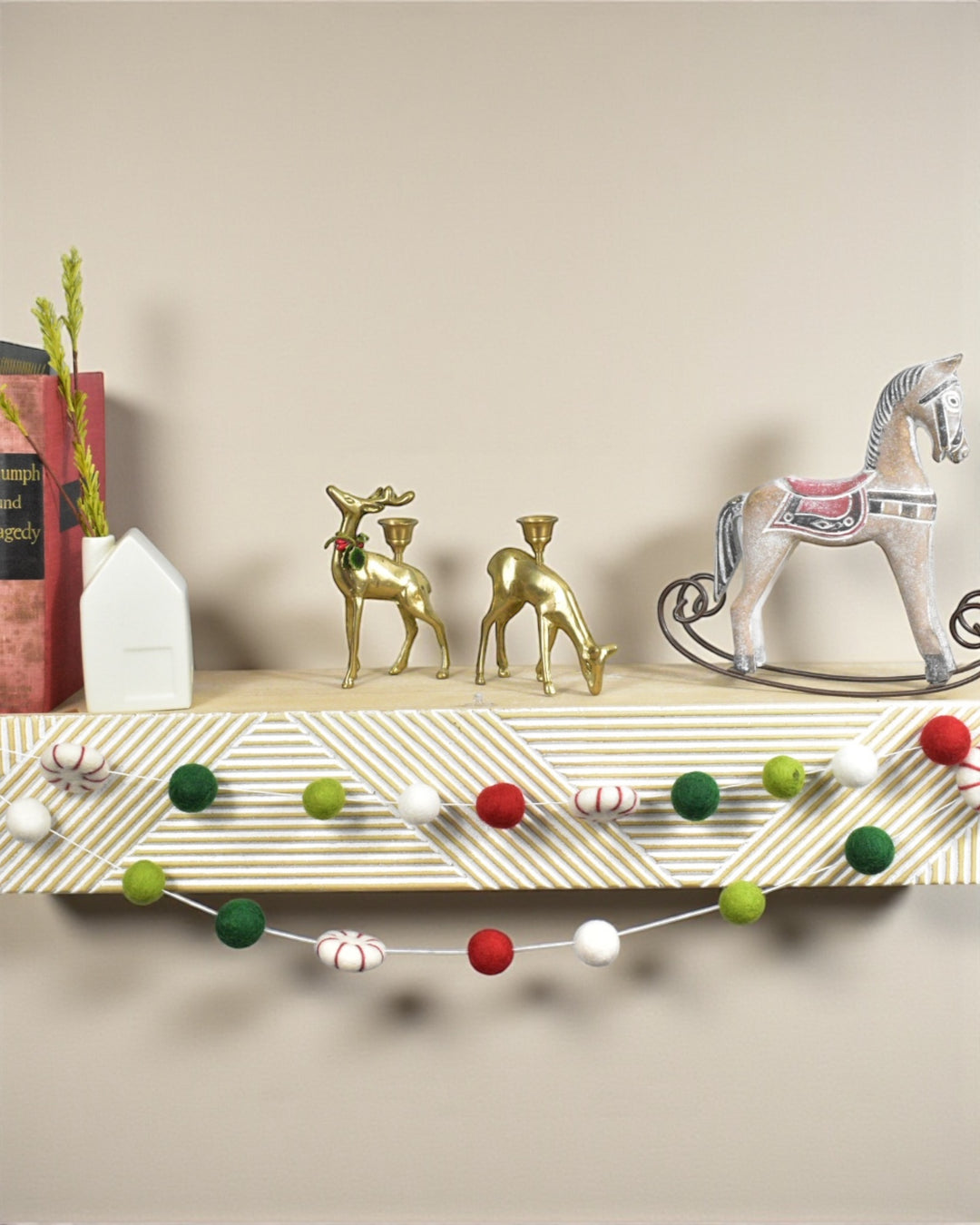 Peppermint Felt Ball Garland – White & Red Holiday Decor