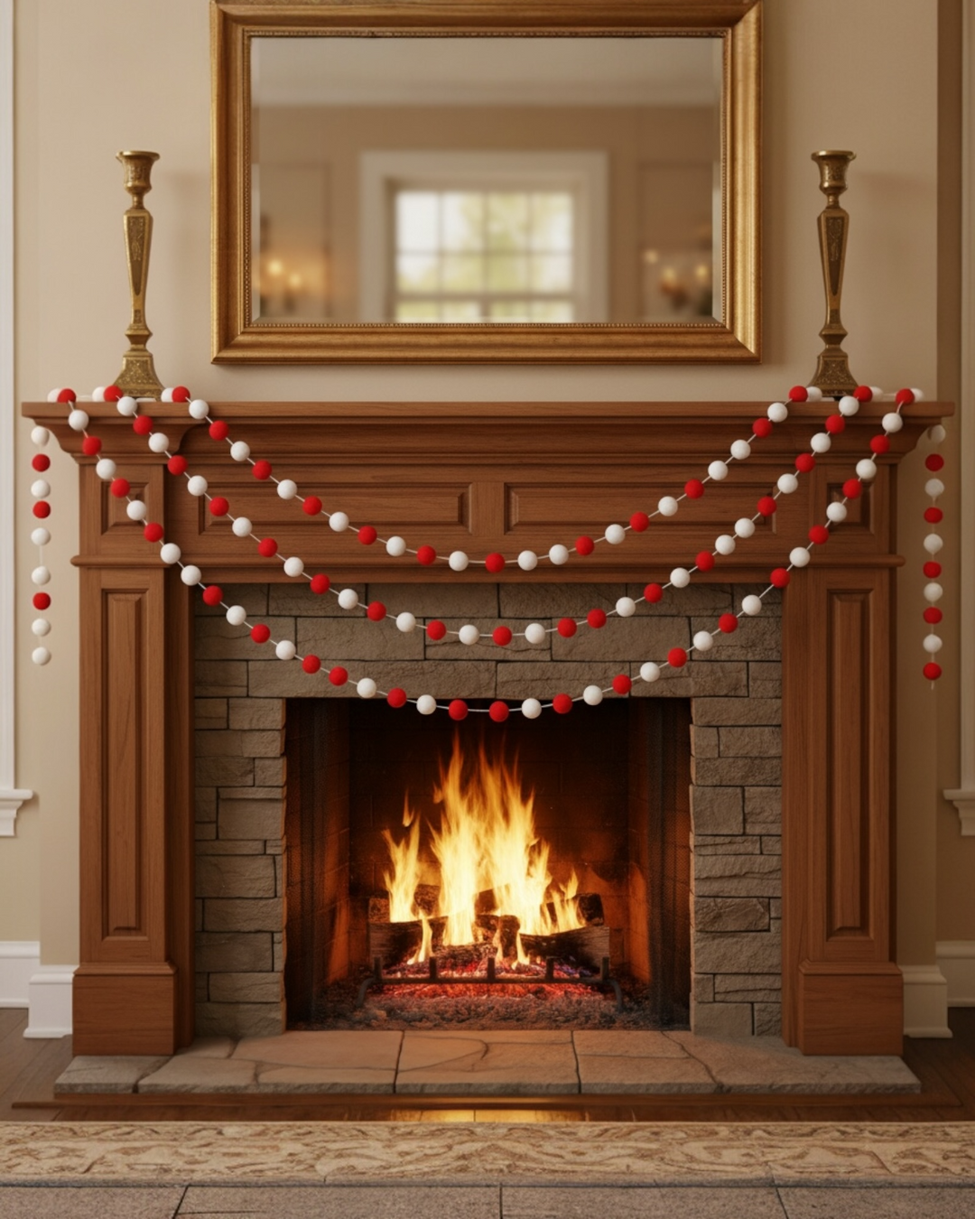 Red and white Felt Ball Garland – White & Red Holiday Decor