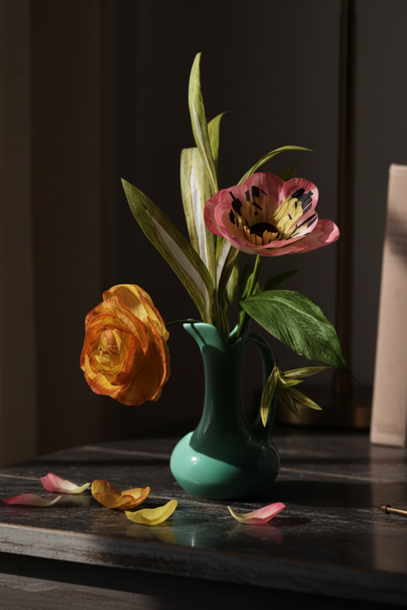 Green vase with colorful flowers on a light background