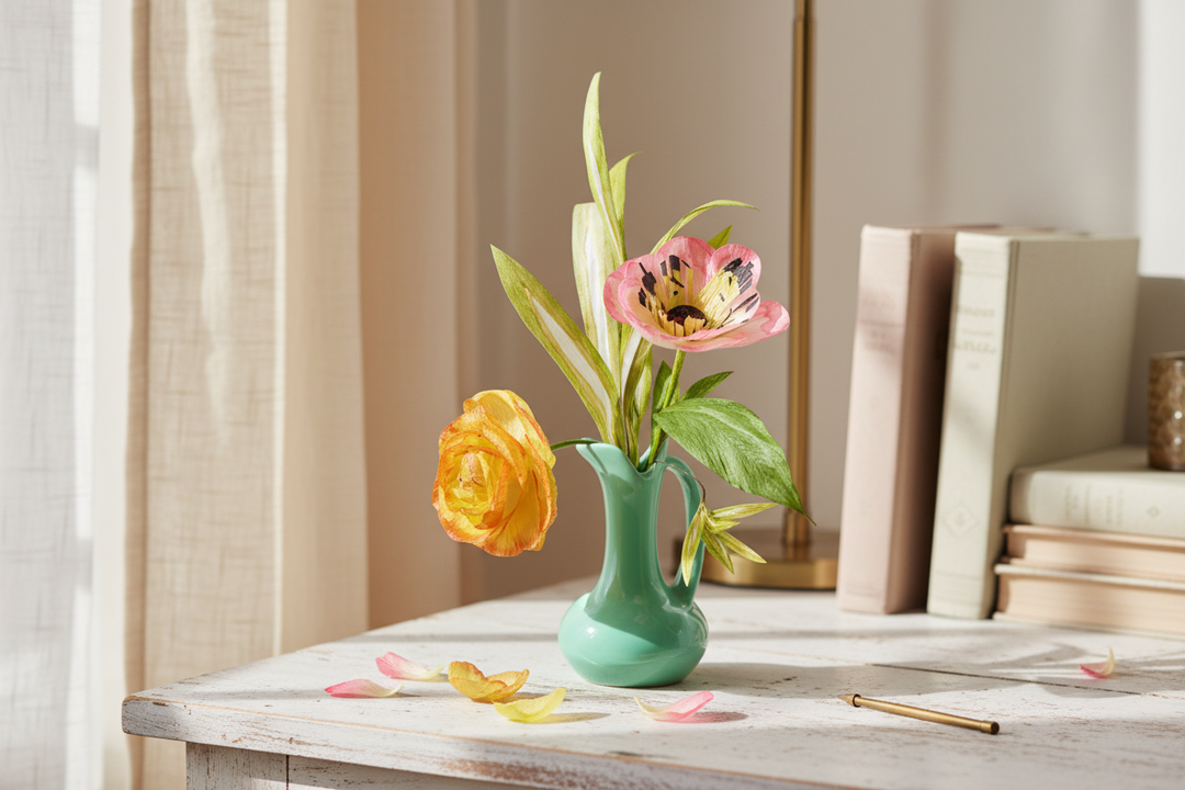 Green vase with colorful flowers on a light background