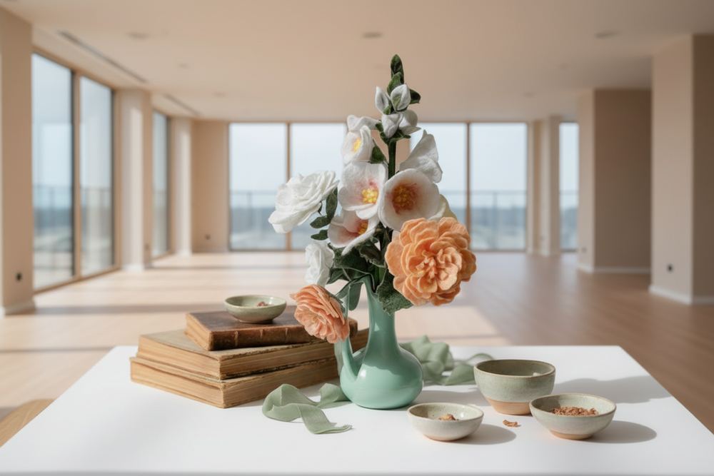 Light green ceramic vase with artificial flowers on a white surface with books and small bowls.