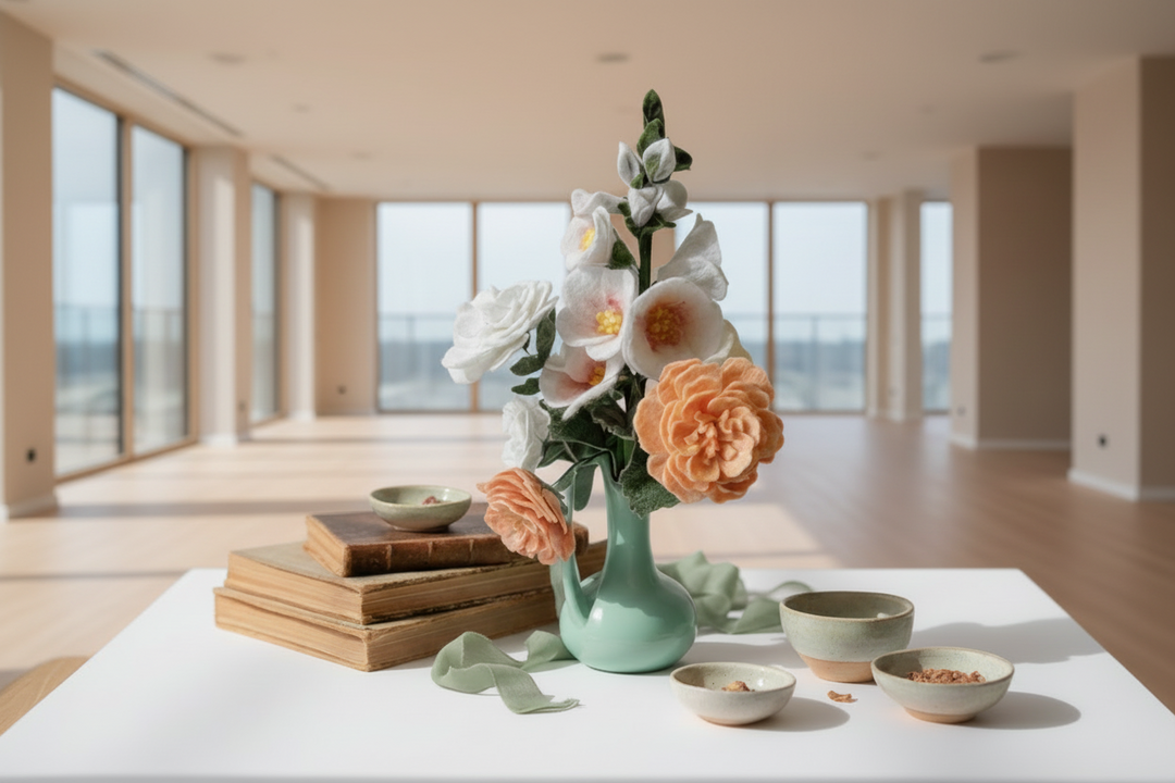 Light green ceramic vase with artificial flowers on a white surface with books and small bowls.