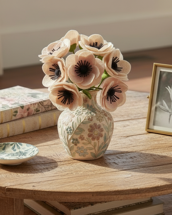 Wooden coffee table with a vase of flowers, books, and a photo frame in a living room setting.