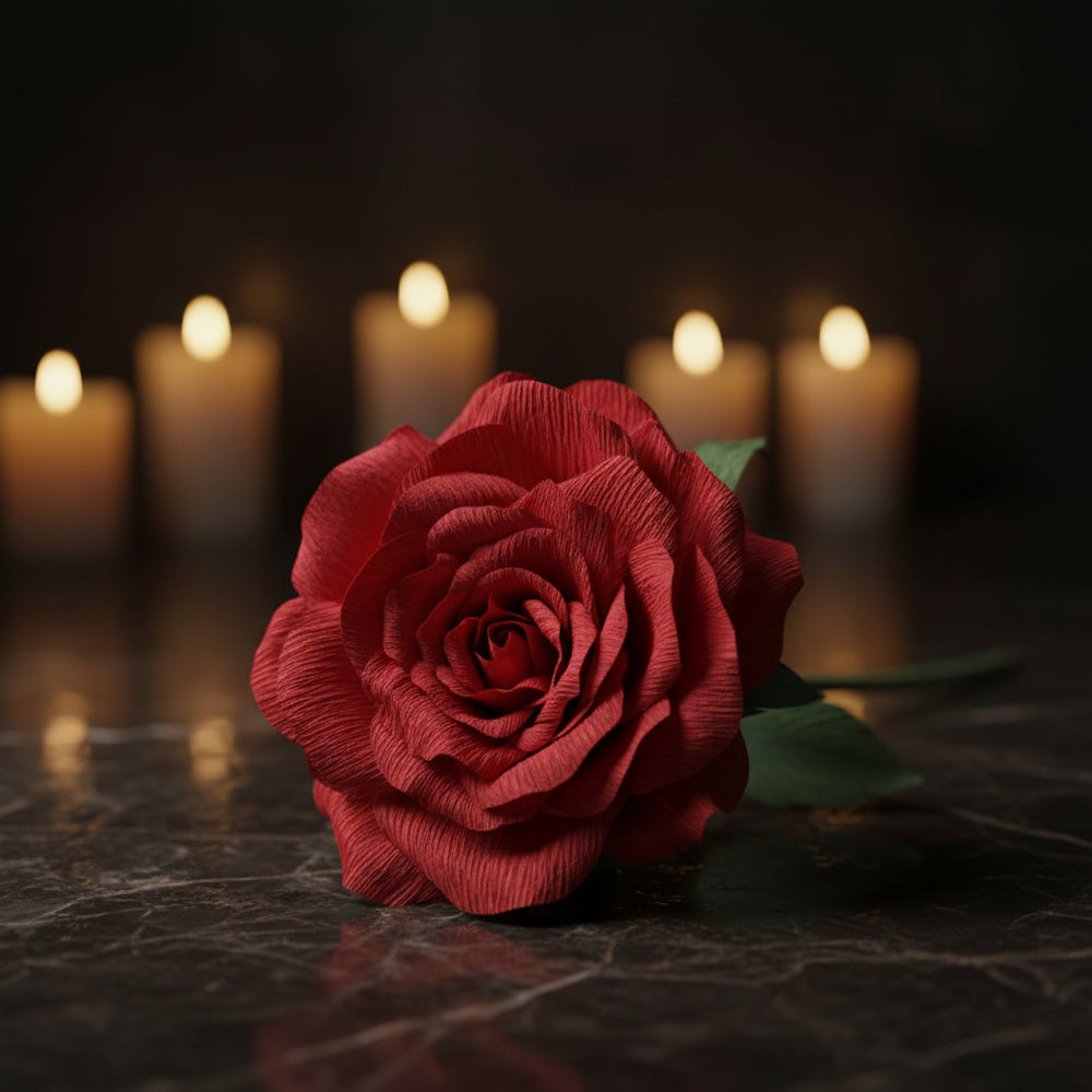 Red rose on a white surface with a blurred background