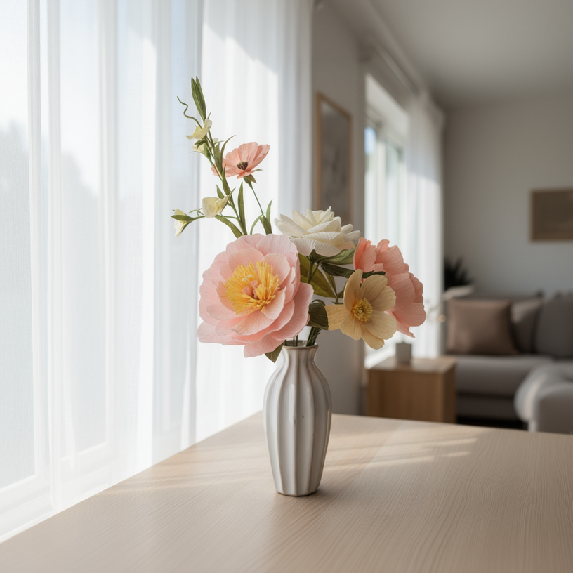 A small white ribbed vase holding a bouquet of pastel pink, peach, and white flowers with yellow centers, placed on a light wood table in a softly lit living room.