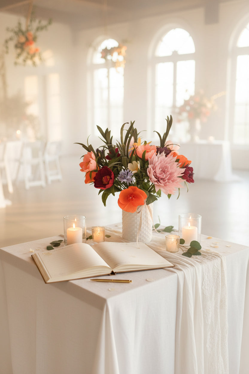 A vibrant artificial flower bouquet in a textured white ceramic vase, featuring pink, red, orange, and purple blossoms with green leaves, set against a clean white background.