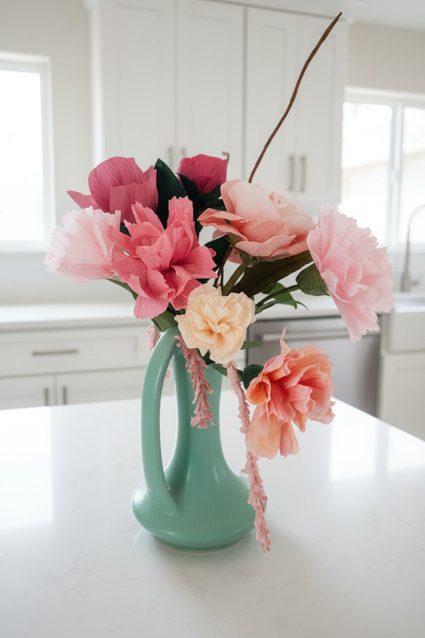 A bouquet of artificial pink and peach peony-style flowers with green leaves arranged in a mint green ceramic pitcher vase, set on a white kitchen island with blurred white cabinets in the background.