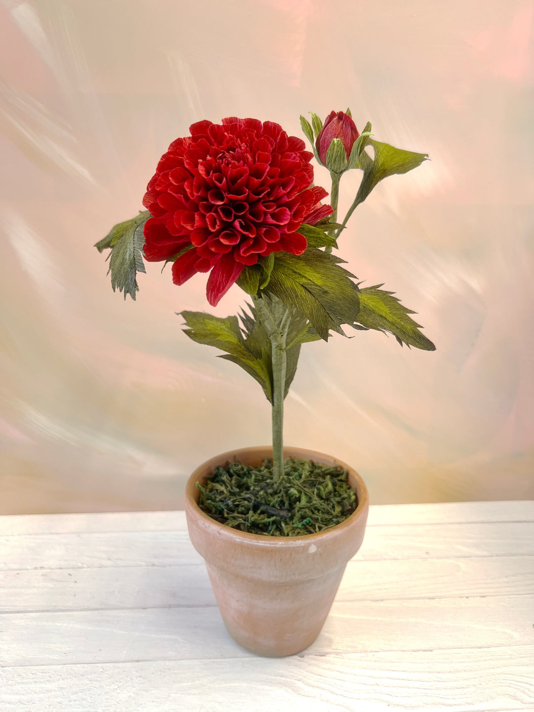 Handmade Red Ball Dahlia – 4” Potted Paper Plant