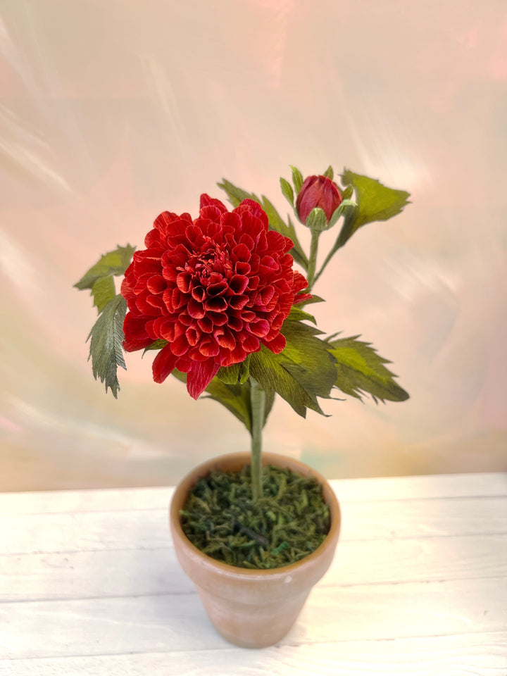 Handmade Red Ball Dahlia – 4” Potted Paper Plant