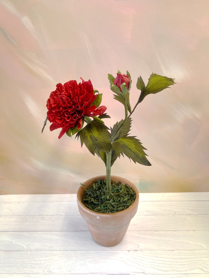 Handmade Red Ball Dahlia – 4” Potted Paper Plant