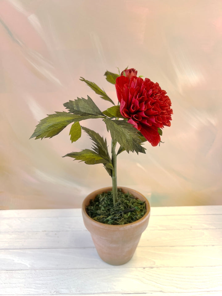 Handmade Red Ball Dahlia – 4” Potted Paper Plant