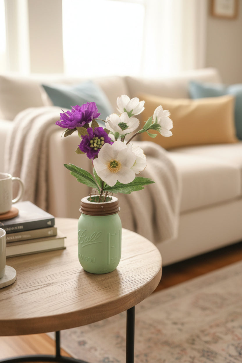 A decorative floral arrangement featuring purple and white flowers with green leaves, displayed in a mint green mason jar with a brown lid, set on a white block against a soft beige background.