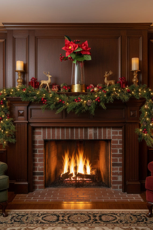 A cozy living room scene centered on a dark wood fireplace with a lit fire, decorated with a green garland, red poinsettias, candles, and holiday ornaments. Two upholstered chairs sit on either side, and a patterned rug covers the floor.