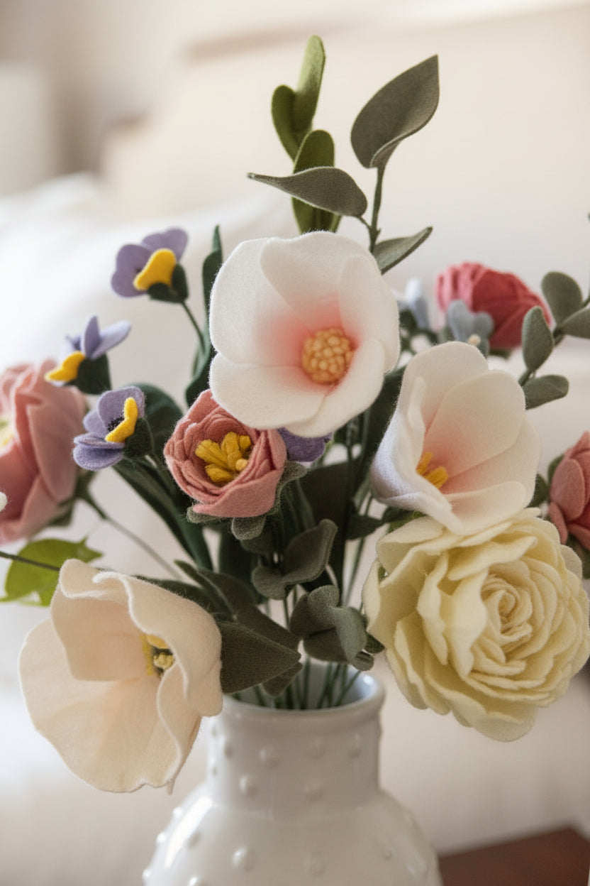 A styled bedroom scene with a neatly made bed in white linens, a wooden nightstand in the foreground, and a textured white vase holding a bouquet of pink, cream, and peach flowers. A small card and framed picture sit on the nightstand.