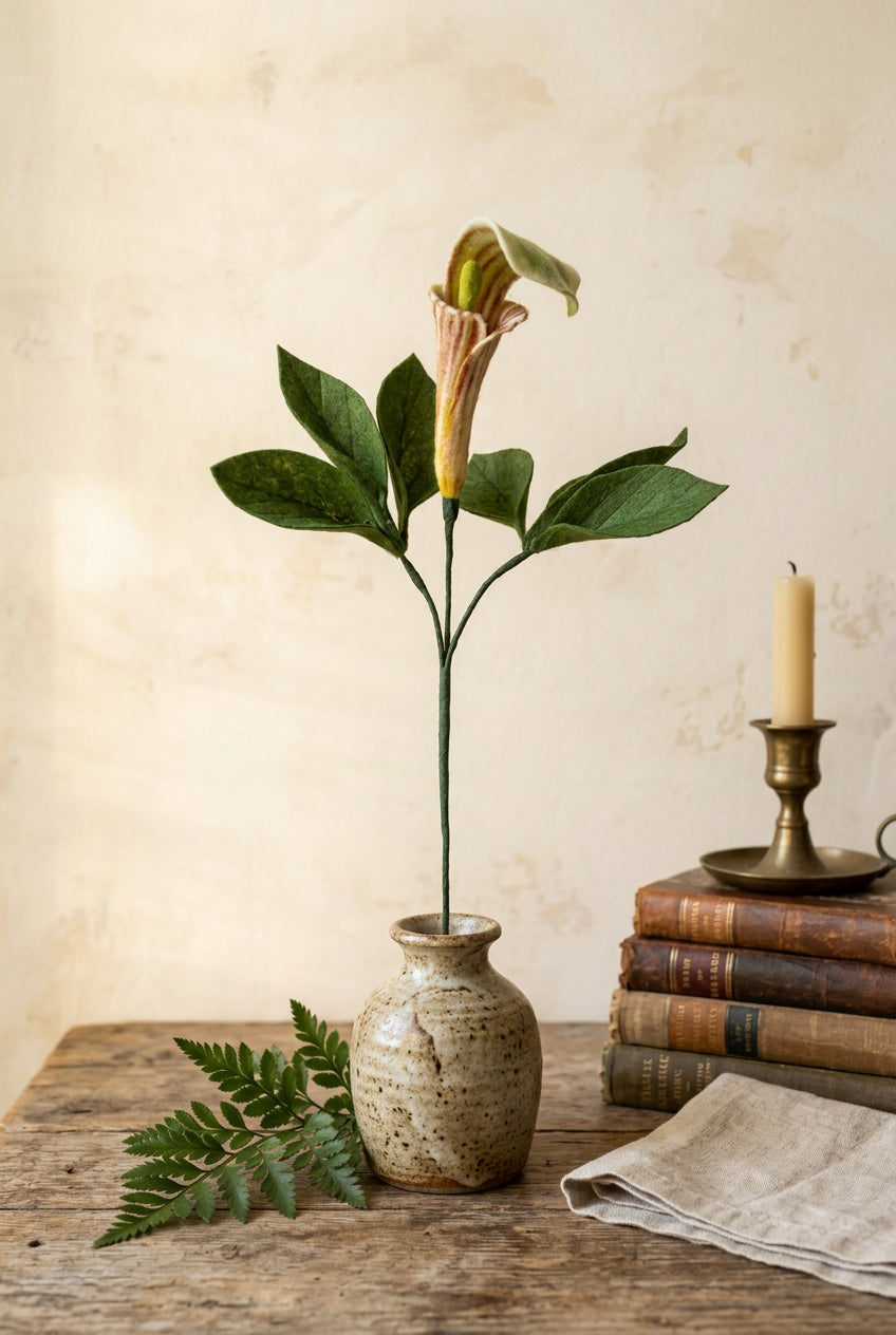 An artificial Jack in the Pulpit plant with green leaves and a cream and green flower, potted in a teal plastic container filled with small brown spikes, set against a light beige background.
