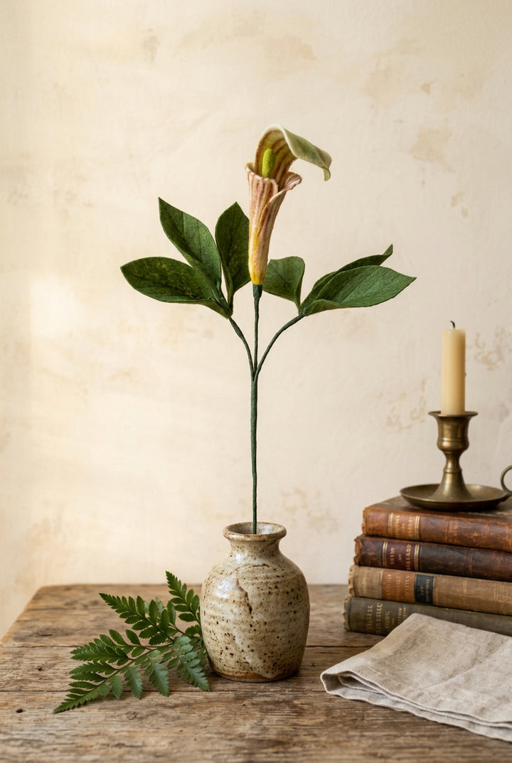 An artificial Jack in the Pulpit plant with green leaves and a cream and green flower, potted in a teal plastic container filled with small brown spikes, set against a light beige background.