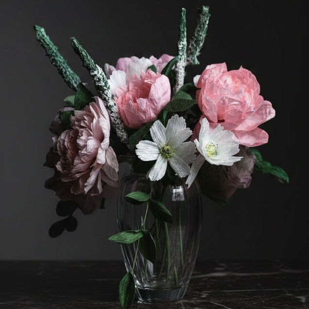 Bouquet of pink and white flowers in a clear vase on a dark background