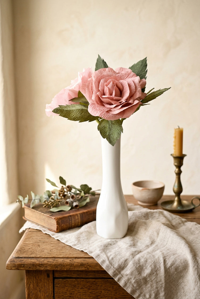 A pink paper flower bouquet with green leaves arranged in a small white ceramic vase on a light surface against a soft pastel background.