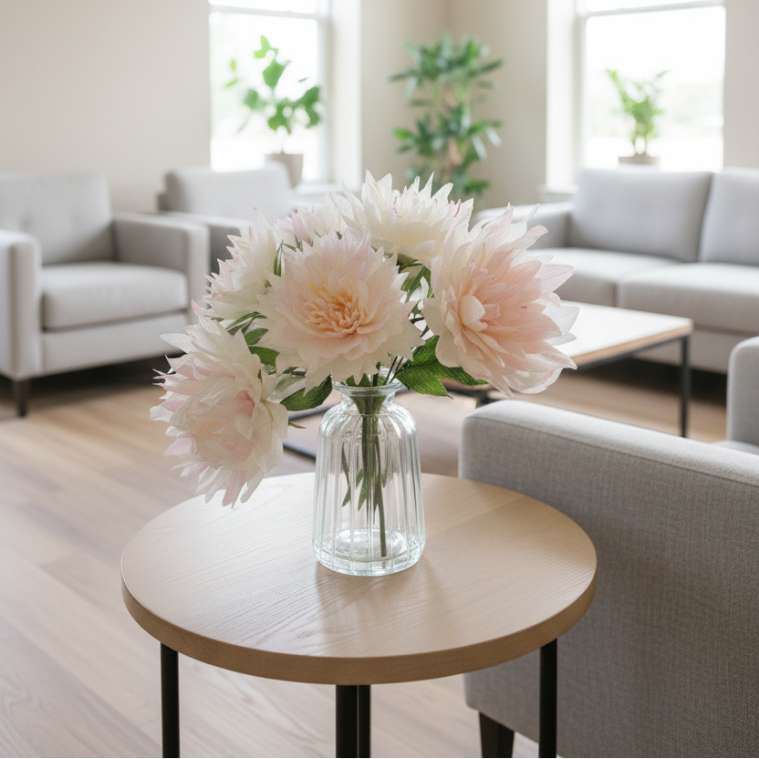 Bouquet of flowers in a clear vase on a round wooden table in a living room.