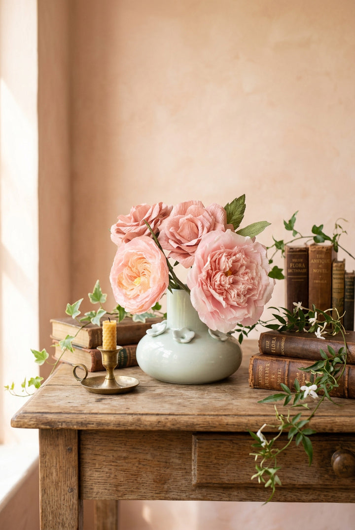 A bouquet of paper roses with green leaves, arranged in a glossy white ceramic vase on a light wooden surface against a soft pastel background.