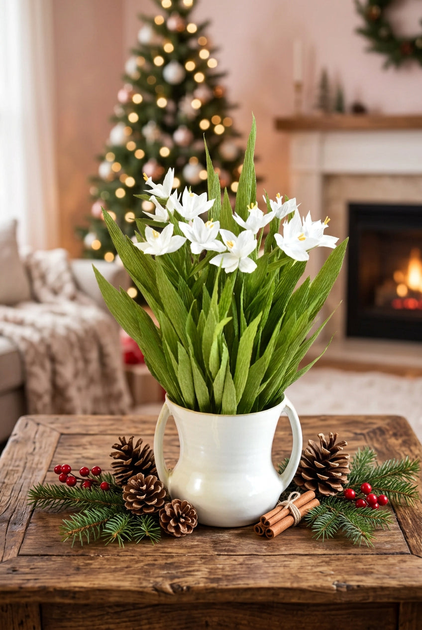 White ceramic pitcher vase filled with fresh green leaves and white flowers, photographed against a soft pastel pink and peach background.