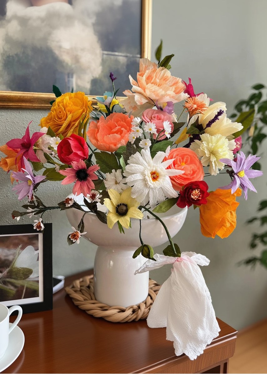 Colorful flower arrangement in a white vase on a wooden table with a neutral background
