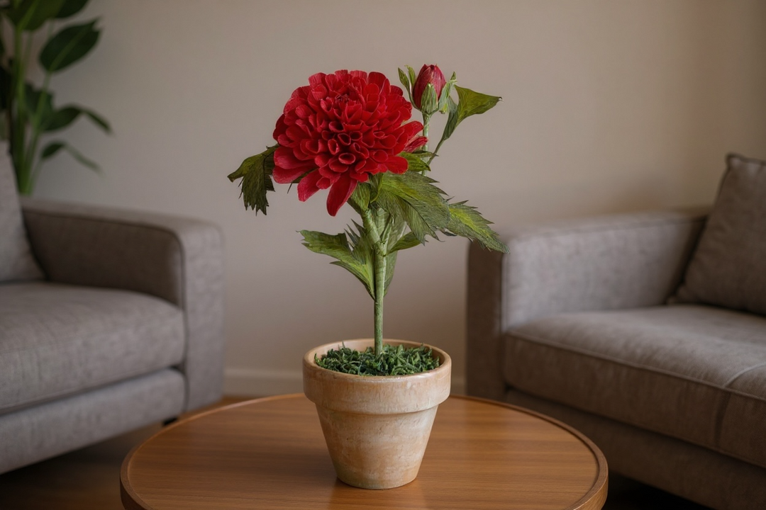Handmade Red Ball Dahlia – 4” Potted Paper Plant