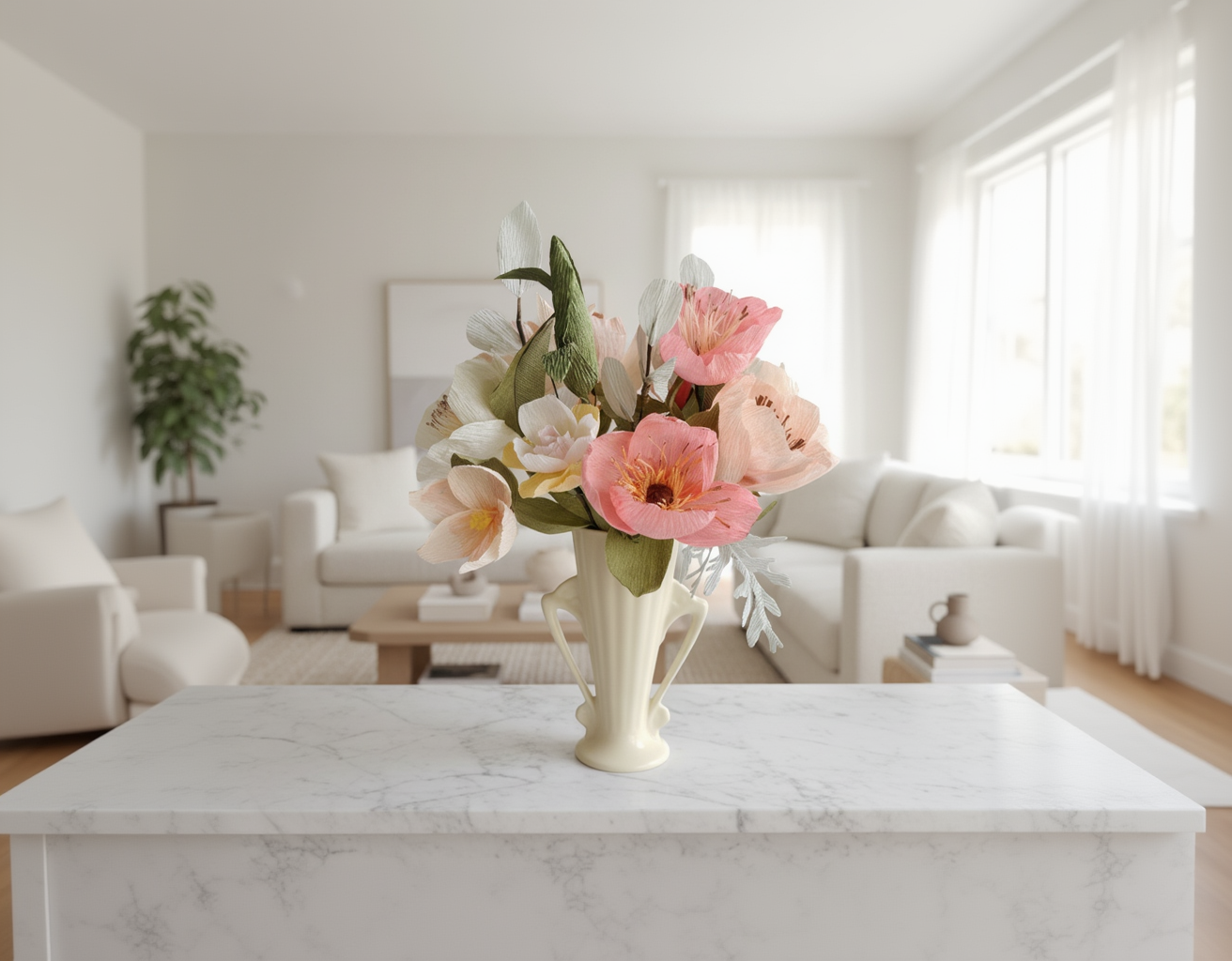 Floral arrangement in a vase on a marble coffee table in a bright living room.