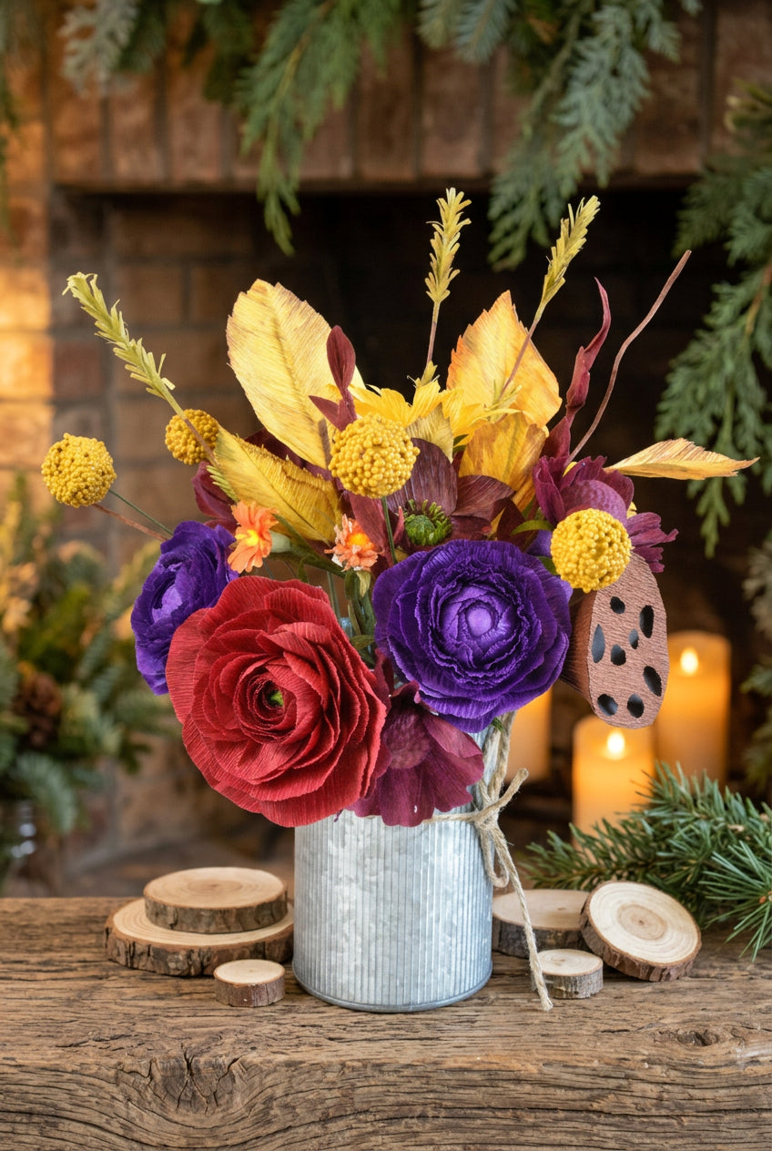 A rustic dried flower arrangement in a galvanized metal bucket vase, featuring purple ranunculus, a large red ranunculus, yellow globe flowers, and dried leaves on a white background.